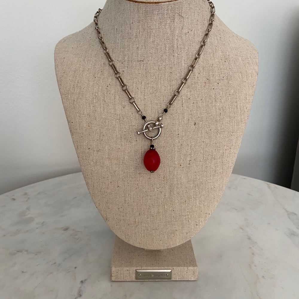 Silver Chain Necklace with Red Bead